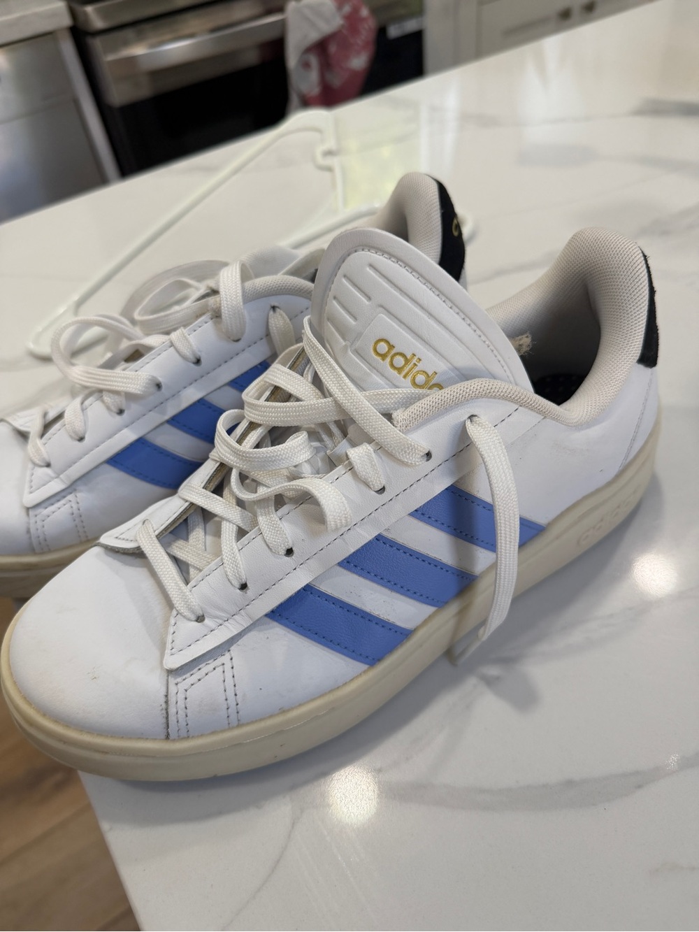 adidas White Sneakers with Light Blue Stripes